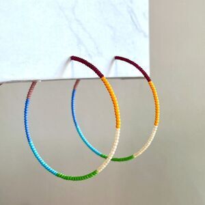Rainbow Hand Beaded Color Block Hoop Earrings